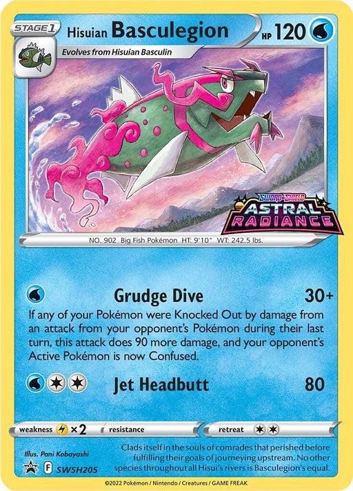 A Pokémon Hisuian Basculegion (SWSH205) [Sword & Shield: Black Star Promos]. The card shows the Water Pokémon with a blue and pink color scheme and an aggressive expression. It has 120 HP, and its moves are "Grudge Dive" and "Jet Headbutt." Part of the Black Star Promos in the Sword & Shield series, it's labeled as SWSH205.