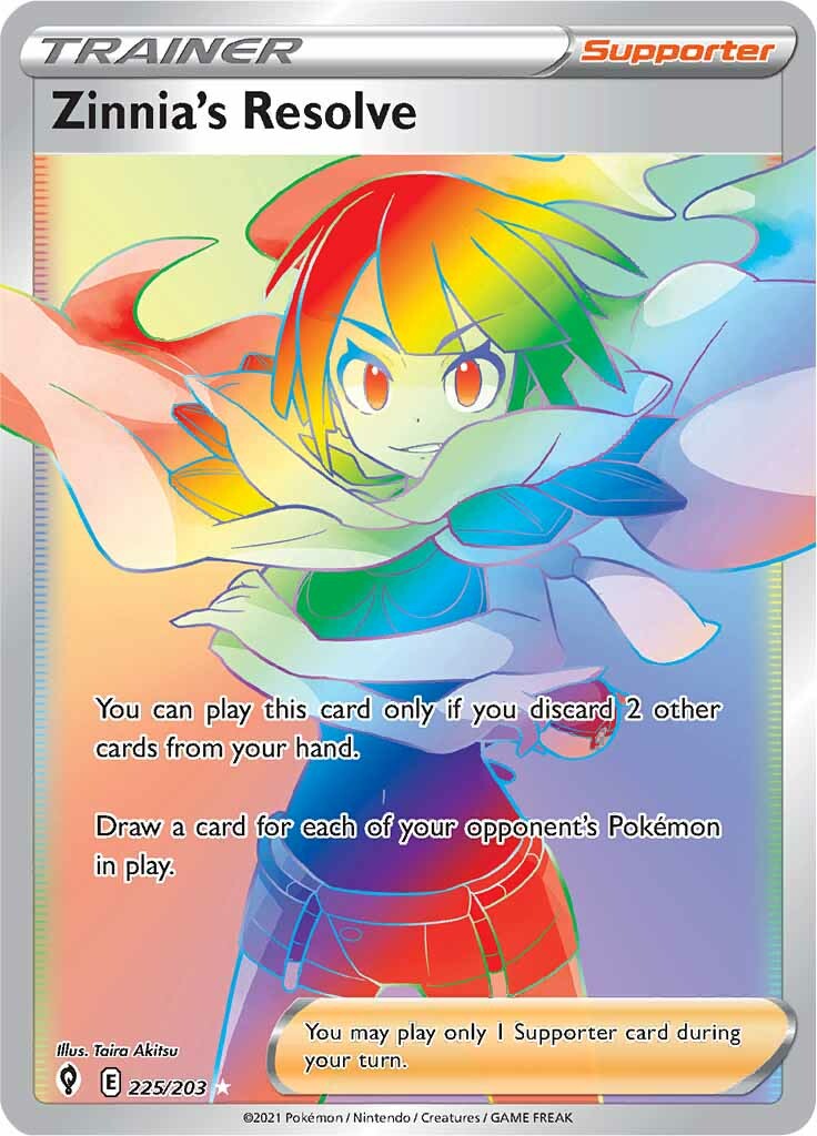 A vividly colored Pokémon trading card from the Sword & Shield: Evolving Skies series features Zinnia, a character with multicolored hair and a windblown scarf. The Secret Rare card, titled 