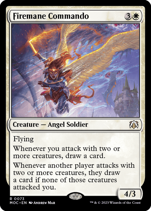 A Magic: The Gathering card featuring "Firemane Commando" [March of the Machine Commander]. The angel soldier has red hair, golden armor, and wields a fiery spear. With flaming wings, she flies above a castle. This Magic: The Gathering card includes flying ability, attack-triggered draws, and 4/3 power/toughness.
