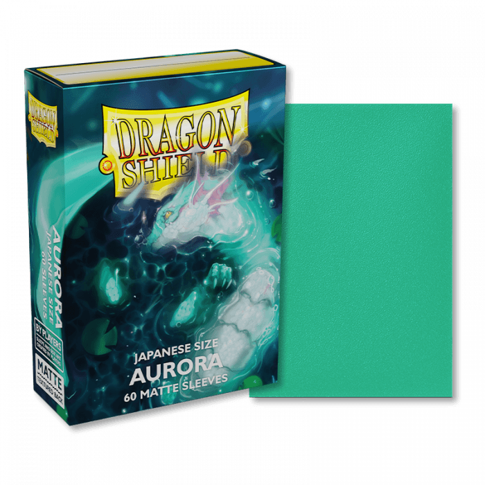 A box of Arcane Tinmen's Dragon Shield: Japanese Size 60ct Sleeves - Aurora (Matte) with one sleeve partially removed, revealing a teal sleeve. The box showcases a fantasy-themed image featuring an ethereal, ghostly figure surrounded by floating crystals and bright, colorful auroras. The text on the box reads "Japanese Size Aurora 60 Matte Sleeves.