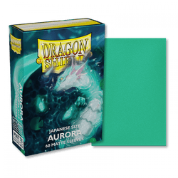 A box of Arcane Tinmen's Dragon Shield: Japanese Size 60ct Sleeves - Aurora (Matte) with one sleeve partially removed, revealing a teal sleeve. The box showcases a fantasy-themed image featuring an ethereal, ghostly figure surrounded by floating crystals and bright, colorful auroras. The text on the box reads "Japanese Size Aurora 60 Matte Sleeves.