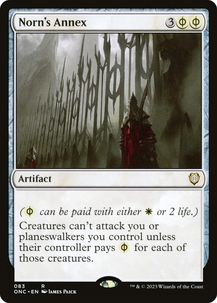 The Magic: The Gathering card "Norn's Annex [Phyrexia: All Will Be One Commander]" features dark spiked structures and a red-cloaked figure, stating that creatures can't attack you without paying mana or life.