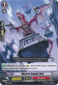 A card from the Bushiroad Cardfight!! Vanguard trading card game, featured in Trial Deck 6: Resonance of Thunder Dragon, depicts a red dragon with wings perched on a flying metal box of supplies against a cloudy sky. The text on the card indicates its name "Wyvern Supply Unit (TD06/013EN)" and it has stats associated with the Narukami clan.