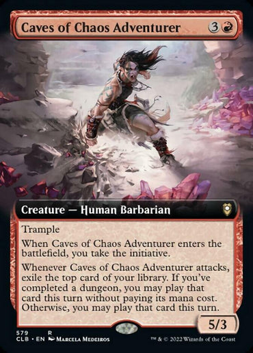 The Magic: The Gathering card "Caves of Chaos Adventurer (Extended Art) [Commander Legends: Battle for Baldur's Gate]" depicts a fierce human barbarian in a dynamic pose, wielding a large weapon amid a cave of crystals. The 3R card has 5 power, 3 toughness, trample, and features abilities related to initiative and playing exiled cards.