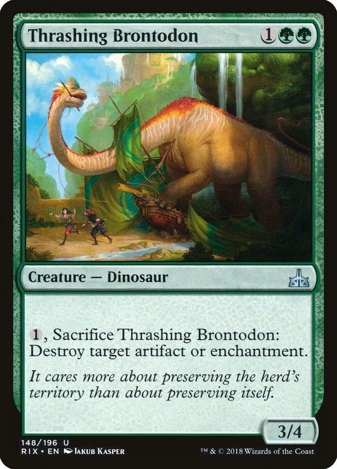 A Magic: The Gathering card named Thrashing Brontodon [Rivals of Ixalan] from Magic: The Gathering features a large dinosaur with a long neck and a spiked tail, standing in a lush, green forest clearing. Costing 1 generic and 2 green mana, it boasts power/toughness of 3/4 and can sacrifice itself to destroy an artifact or enchantment.