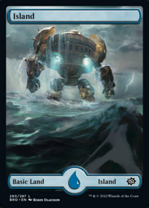 A "Magic: The Gathering" card titled "Island (280) [The Brothers' War]." The artwork, by Robin Olausson, depicts a large, mechanical structure rising from the ocean amidst stormy waves. Inspired by The Brothers' War, the structure has glowing lights and an industrial appearance. The card text reads "Basic Land - Island" with a blue water droplet icon.