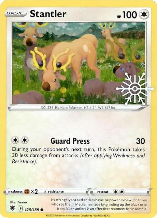 A Pokémon trading card from **Pokémon** Sword & Shield: Astral Radiance depicts a Common **Stantler (125/189) (Holiday Calendar)**, a Colorless deer-like creature with large antlers adorned with orbs. It stands in a grassy field with trees in the background. The card has 100 HP and features the move "Guard Press," along with details on weaknesses, resistance, retreats, logos, and fine print.