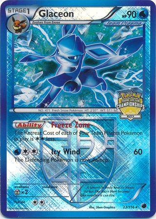 A holographic Pokémon trading card featuring Glaceon, a blue, fox-like creature with icy features. The card is labeled "Team Plasma" and has the number 23/116. It shows Glaceon using "Icy Wind" with an ability called "Freeze Zone." This Pokémon Glaceon (23/116) (City Championship Promo) [Black & White: Plasma Freeze] card has 90 HP and is from a championship series.