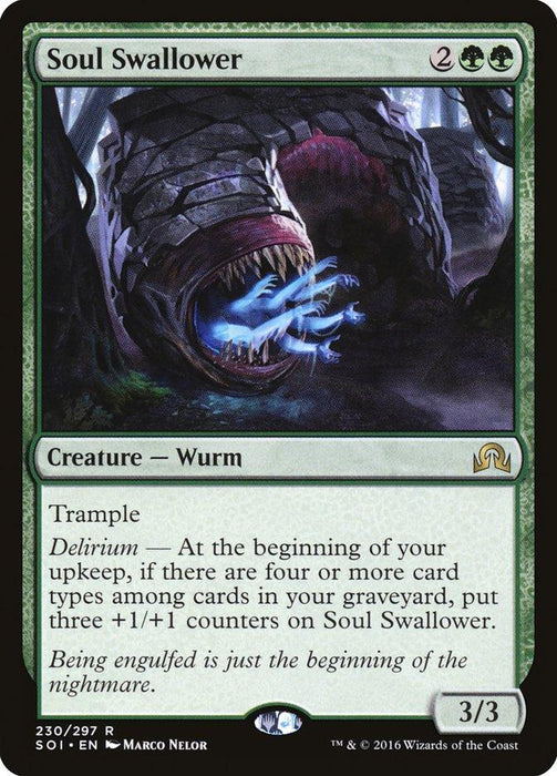 A Magic: The Gathering product titled "Soul Swallower [Shadows over Innistrad]" from the Shadows over Innistrad set. It has a green border and features a monstrous wurm with glowing blue energy near its mouth. It costs 2 generic and 2 green mana, has 3/3 power and toughness, trample, and a Delirium ability that adds counters if conditions are met.