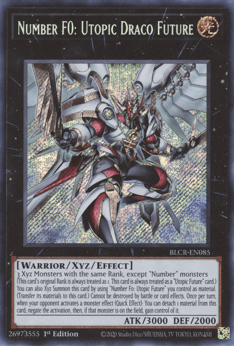 A Yu-Gi-Oh! trading card titled "Number F0: Utopic Draco Future [BLCR-EN085] Secret Rare." This Secret Rare features an intricate, silver-armored warrior with large wings and a sword set against a holographic background. As an Xyz/Effect Monster, it details summoning requirements and abilities, boasting 3000 ATK and 2000 DEF.