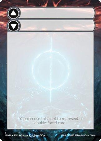 A Helper Card from the Magic: The Gathering set March of the Machine. It features a light blue and white abstract design in the center with dark swirling accents around the border. The text reads, “You can use this card to represent a double-faced card.”