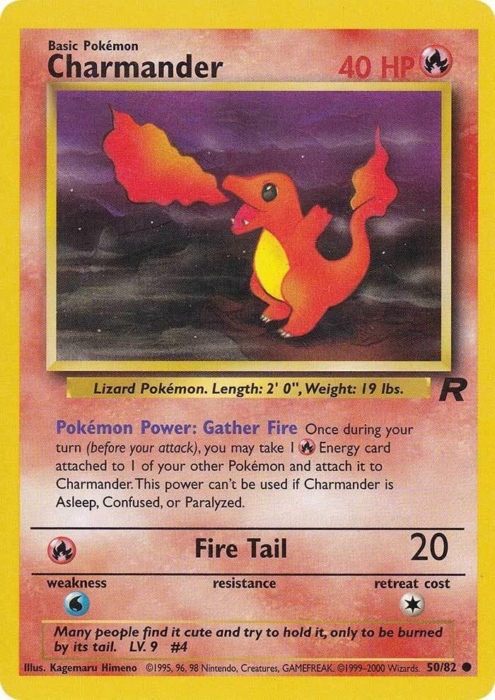 A Pokémon trading card featuring Charmander (50/82) [Team Rocket Unlimited] from Pokémon. The card has 40 HP, a red background, and an image of Charmander breathing fire. Text describes its ability 