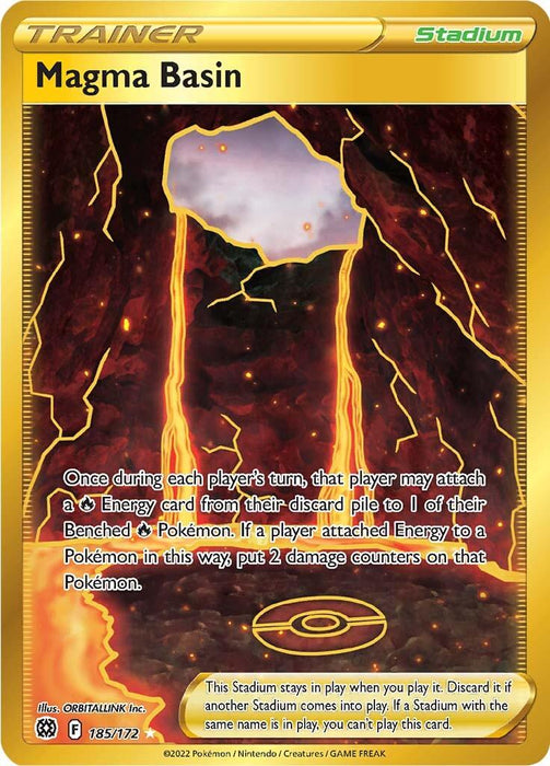 The Magma Basin (185/172) [Sword & Shield: Brilliant Stars] Pokémon card from the Pokémon series features a fiery, volcanic scene with molten lava flowing down rocky walls into a pool of magma at the bottom. Predominantly orange and red, with magma cracks and glowing embers, this Secret Rare card's text describes its Stadium effect, framed in golden orange.