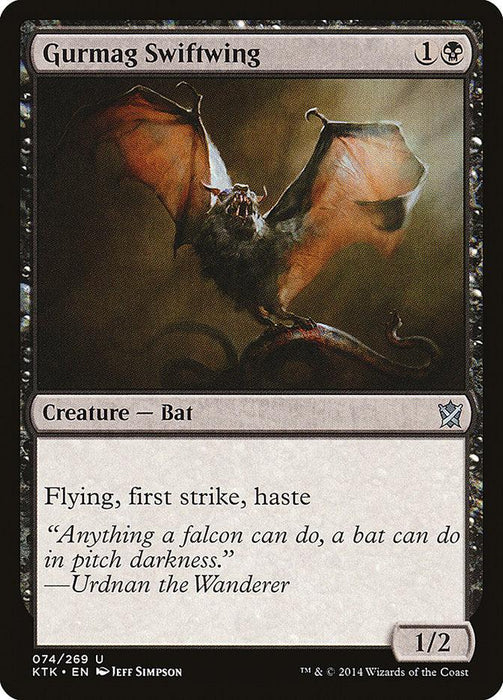 A "Magic: The Gathering" card titled "Gurmag Swiftwing [Khans of Tarkir]" features an illustrated bat with large, outstretched wings in a menacing pose. This uncommon creature costs 1 black, 1 colorless mana and has abilities: Flying, first strike, haste. It's a 1/2 creature with flavor text, "Anything a falcon can do, a bat can do".
