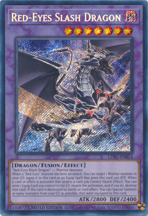 A Yu-Gi-Oh! trading card titled "Red-Eyes Slash Dragon [LDS1-EN014] Secret Rare" from *Legendary Duelists: Season 1* with a shining holographic background. This Fusion/Effect Monster features a black dragon with glowing red eyes, large wings, and silver armor. The card details its attributes, including ATK 2800, DEF 2400. Number on card: LDS1