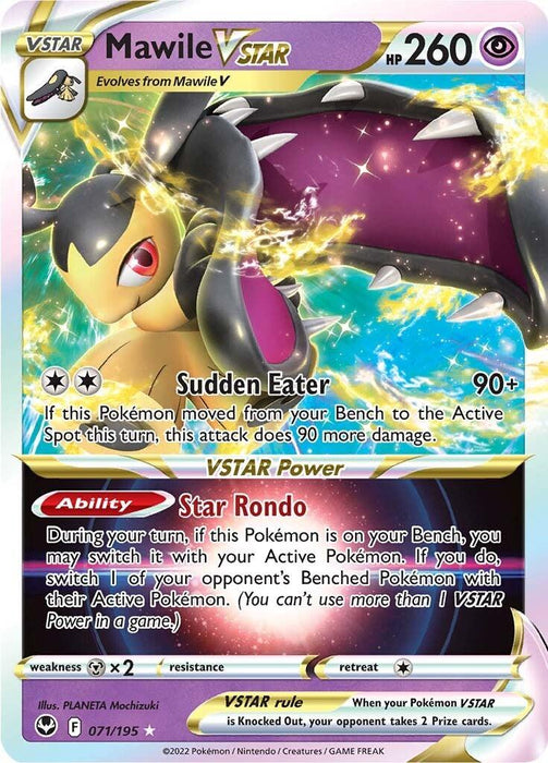 A Pokémon Mawile VSTAR (071/195) [Sword & Shield: Silver Tempest] card from the Sword & Shield series, boasting 260 HP. This Ultra Rare card features Mawile, a yellow and black creature with large, formidable jaws. It lists two abilities: "Sudden Eater" and "Star Rondo." The Silver Tempest edition card also includes energy symbols, an illustrator credit, and the number 071/195.