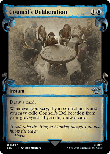 A Magic: The Gathering card titled "Council's Deliberation [The Lord of the Rings: Tales of Middle-Earth Showcase Scrolls]" from the Tales of Middle-Earth series. It depicts a council of nine people around a circular stone table. Below the image, the card details drawing a card and interacting with the scry mechanic, with a flavor text quote from Frodo.