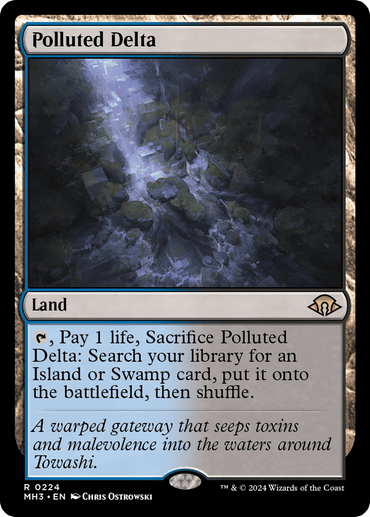 A Magic: The Gathering card, "Polluted Delta [Modern Horizons 3]," shows a dark, misty, and toxic river scene. This land card instructs the player to tap and pay 1 life to search their library for an Island or Swamp card and put it onto the battlefield. Look for this classic in the upcoming set, Modern Horizons 3.