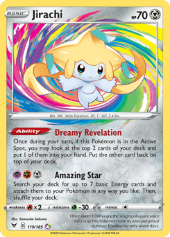 A Pokémon Jirachi (119/185) [Sword & Shield: Vivid Voltage] trading card. Jirachi is a small, white, star-shaped Pokémon with yellow streamers. The Ultra Rare card has 70 HP and includes the abilities "Dreamy Revelation" and "Amazing Star." Numbered 119/185, it's part of the Sword & Shield series by Pokémon.