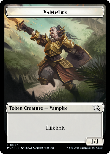 A fantasy card depicts a "Vampire" token creature. The vampire is armored, with pointed ears, fanged teeth, and wields a sword. Set against a verdant landscape, the card text highlights "Lifelink" and the stats "1/1". From the Vampire Token [March of the Machine Tokens], it's illustrated by Edgar Sanchez Hidalgo for Magic: The Gathering.