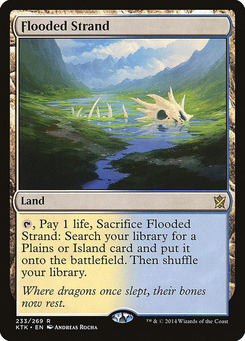 A Magic: The Gathering product titled "Flooded Strand [Khans of Tarkir]" from the Magic: The Gathering brand. It features artwork of a serene water landscape with a large, weathered skeletal structure partially submerged. Bordered in black, the text reads: Tap, Pay 1 life, Sacrifice Flooded Strand: Search your library for a Plains or Island card and put it onto the battlefield. Then shuffle