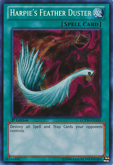 A "Yu-Gi-Oh!" trading card titled **"Harpie's Feather Duster [LCYW-EN149] Secret Rare"** from Yugi's World: Legendary Collection 3. The Secret Rare Spell Card features a teal, feather-like duster with a golden handle against a dynamic, swirling red and black background. Text at the bottom reads, "Destroy all Spell and Trap Cards your opponent controls.