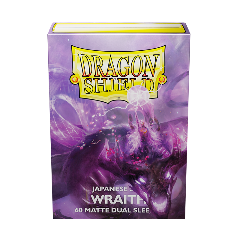 Image of the Dragon Shield: Japanese Size 60ct Sleeves - Wraith (Dual Matte) product packaging. The packaging, under the brand Arcane Tinmen, features vibrant purple and pink hues with an ethereal, smoky design. The prominently displayed brand logo sits at the top, while the fantasy-themed artwork includes a mystical creature perfect for TCG sleeves enthusiasts.