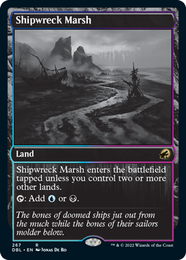 The Magic: The Gathering card "Shipwreck Marsh" [Innistrad: Double Feature] is a Rare Land portraying a spectral marsh filled with shipwreck remains, enveloped in fog. When it enters the battlefield tapped, it can generate either {U} or {B}. The flavor text conjures haunting visions of ships and sailors claimed by the abyss. Artwork by Jonas De Ro.