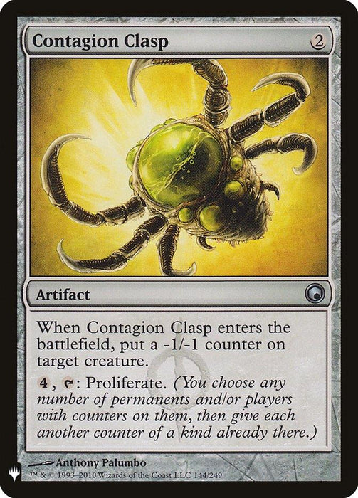 A Magic: The Gathering card named "Contagion Clasp [Mystery Booster]," featured in the Mystery Booster set, depicts an insect-like mechanical device with green glowing parts. This artifact card costs 2 mana and has abilities including placing a -1/-1 counter on a target creature and the option to proliferate.