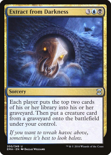 Magic: The Gathering card titled "Extract from Darkness [Eternal Masters]". The artwork depicts a menacing, squid-like creature emerging from a dark, watery environment. This sorcery's text describes its ability to mill cards and reanimate a creature card. The card has blue and black mana symbols for its cost.