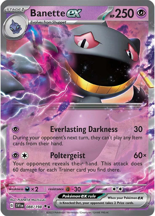 A Pokémon Banette ex (088/198) [Scarlet & Violet: Base Set] card featuring Banette ex, a psychic-type Pokémon with a sinister grin and glowing red eyes. The card has 250 HP and evolves from Shuppet. It has two attacks: "Everlasting Darkness" and "Poltergeist." The artwork includes dark, ghostly themes with swirling shadows and purple hues from the Scarlet & Violet series.
