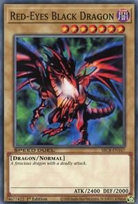 A Yu-Gi-Oh! trading card from the Battle City Box featuring Red-Eyes Black Dragon [SBCB-EN167] Common, a ferocious dragon with red and black scales. It boasts 2400 attack points and 2000 defense points. The card depicts the dragon rearing up, surrounded by a glowing blue and black aura. The title reads: 