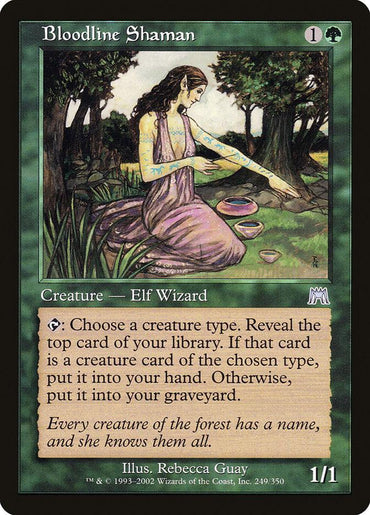 A Magic: The Gathering card titled Bloodline Shaman [Onslaught]. It features a female Elf Wizard Shaman sitting on the ground in a purple dress, one arm extended amidst various items. The card has green borders and contains the text for its abilities and attributes.