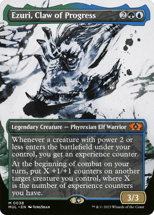 A Magic: The Gathering card titled "Ezuri, Claw of Progress [Multiverse Legends]." This Mythic, Legendary Creature features an illustration of a menacing, dark elf warrior with mechanical, claw-like enhancements. The card's abilities involve gaining experience counters and boosting other creatures' power and toughness. It's a 3/3 creature card.
