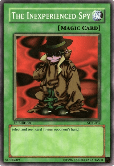 A Yu-Gi-Oh! trading card titled "The Inexperienced Spy [SDK-037] Common" from the Starter Deck: Kaiba. The card shows a cartoon character in a large trench coat, hat, and sunglasses. The red background with black swirls adds intrigue. This Common, Normal Spell lets you select and see 1 card in your opponent's hand.