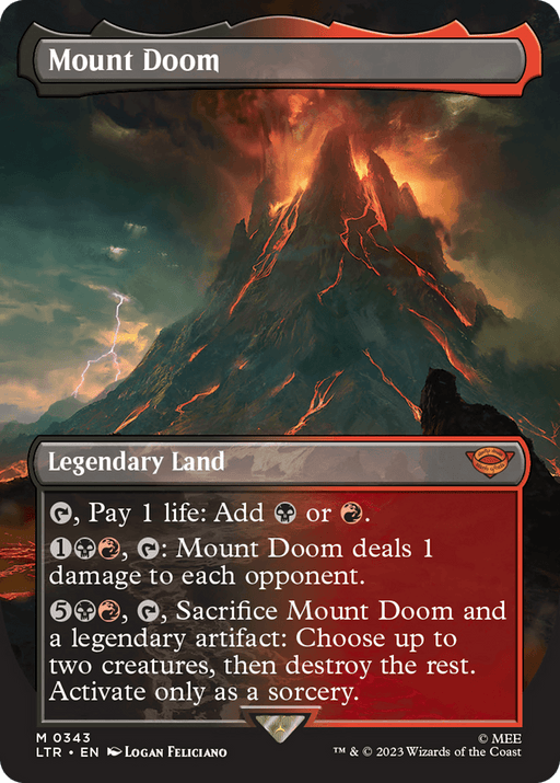 A Magic: The Gathering card titled "Mount Doom (Borderless Alternate Art) [The Lord of the Rings: Tales of Middle-Earth]." This "Legendary Land" generates mana at the cost of 1 life, deals 1 damage to each opponent, and can be sacrificed to destroy two creatures or artifacts. Inspired by *The Lord of the Rings*, the art depicts a fiery, erupting volcano.