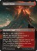 A Magic: The Gathering card titled "Mount Doom (Borderless Alternate Art) [The Lord of the Rings: Tales of Middle-Earth]." This "Legendary Land" generates mana at the cost of 1 life, deals 1 damage to each opponent, and can be sacrificed to destroy two creatures or artifacts. Inspired by *The Lord of the Rings*, the art depicts a fiery, erupting volcano.