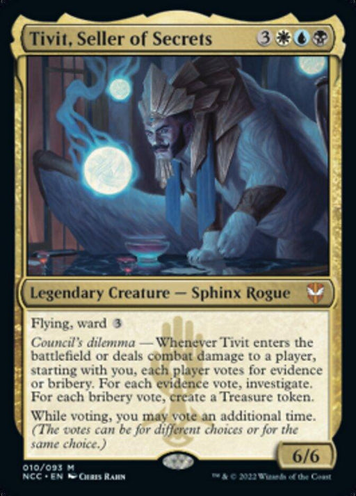 The image features a *Magic: The Gathering* card titled "Tivit, Seller of Secrets [Streets of New Capenna Commander]" from the *Streets of New Capenna* set. This mythic, legendary creature card showcases a Sphinx Rogue with a cost of 3 white, blue, black mana (WUB) and power/toughness of 6/6. The artwork depicts a regal, blue S