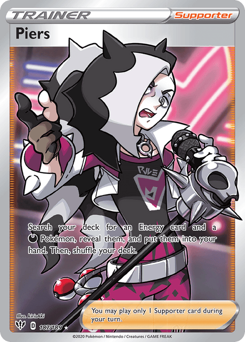 Image of a Pokémon Trainer card from Sword & Shield featuring "Piers," a character with black and white spiky hair, a punk rock outfit, and holding a microphone. The Ultra Rare card text details searching for an Energy and a Darkness-type Pokémon. The background is vibrant with neon lights and a dynamic pose. This is the **Piers (187/189) [Sword & Shield: Darkness Ablaze]** card from **Pokémon**.