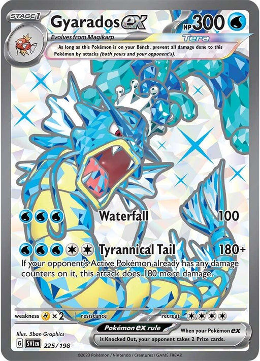 A **Gyarados ex (225/198) [Scarlet & Violet: Base Set]** Pokémon card from the **Pokémon** series features an illustrated, roaring blue sea serpent with sharp teeth and fierce eyes. The card shows Gyarados with 300 HP, and includes attacks Waterfall (100 damage) and Tyrannical Tail (180+ damage). This Secret Rare is marked 225/198.