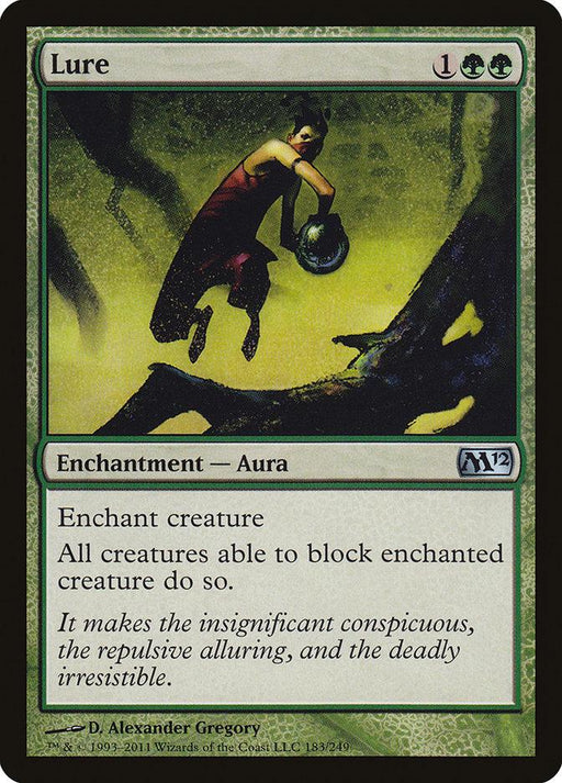 A Magic: The Gathering card titled "Lure [Magic 2012]" with a green border, costing 1 green and 2 colorless mana. The illustration depicts a figure holding a glowing object, standing on a branch in a dense, green forest. This uncommon card is an Enchantment — Aura from the Magic 2012 set with artist D. Alexander Gregory credited.