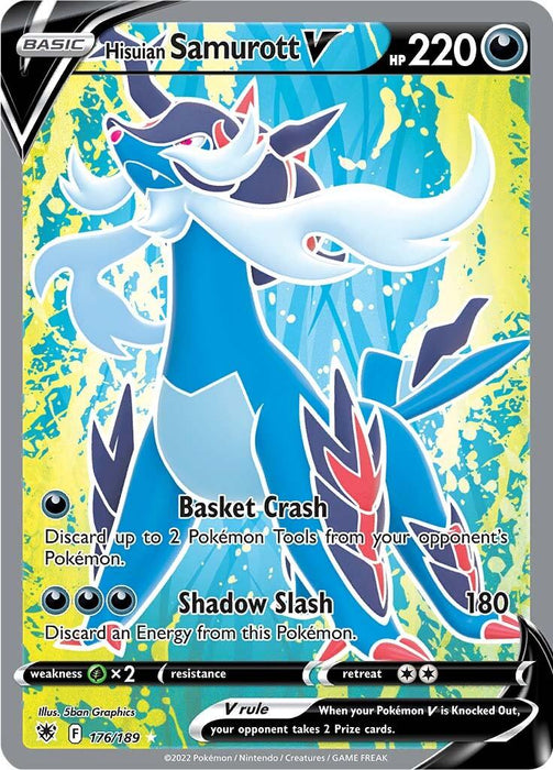 A Pokémon Hisuian Samurott V (176/189) [Sword & Shield: Astral Radiance] card featuring Hisuian Samurott V with 220 HP from the Sword & Shield: Astral Radiance set. The character, blue with a white mane and horned helmet, boasts sharp claws and a dark demeanor. With moves like Basket Crash and Shadow Slash, this Ultra Rare card is number 176 out of 189.