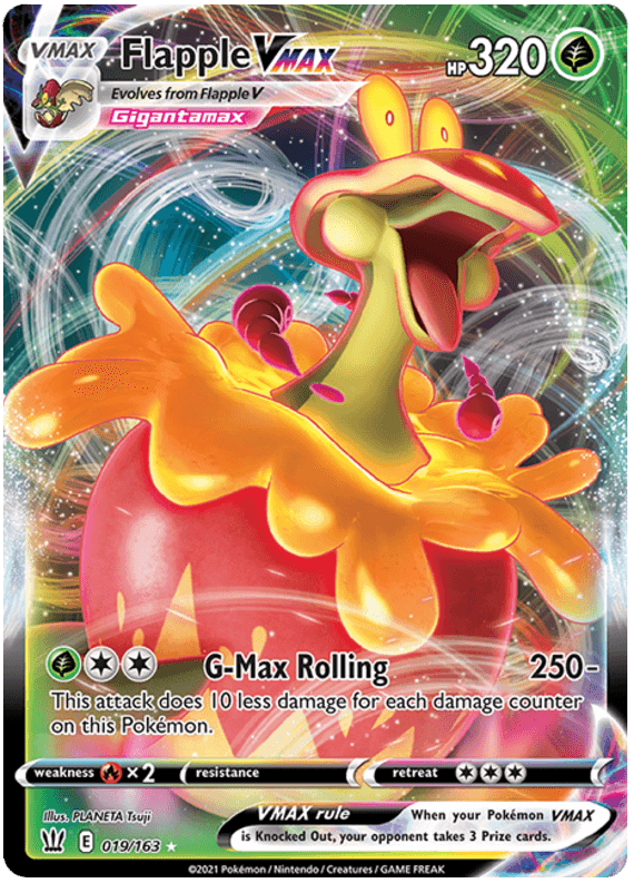 A Pokémon trading card featuring the ultra rare Flapple VMAX (019/163) [Sword & Shield: Battle Styles] with a Gigantamax form, boasting 320 HP from the Pokémon series. The card's design includes vibrant, swirling colors and tropical patterns. Flapple, an apple-like dragon Pokémon, uses the attack 