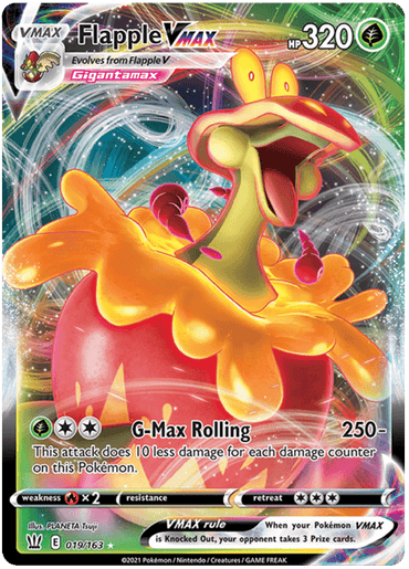 A Pokémon trading card featuring the ultra rare Flapple VMAX (019/163) [Sword & Shield: Battle Styles] with a Gigantamax form, boasting 320 HP from the Pokémon series. The card's design includes vibrant, swirling colors and tropical patterns. Flapple, an apple-like dragon Pokémon, uses the attack "G-Max Rolling" that deals 250 damage. Text details its move, weaknesses, resistances, and retreat cost.