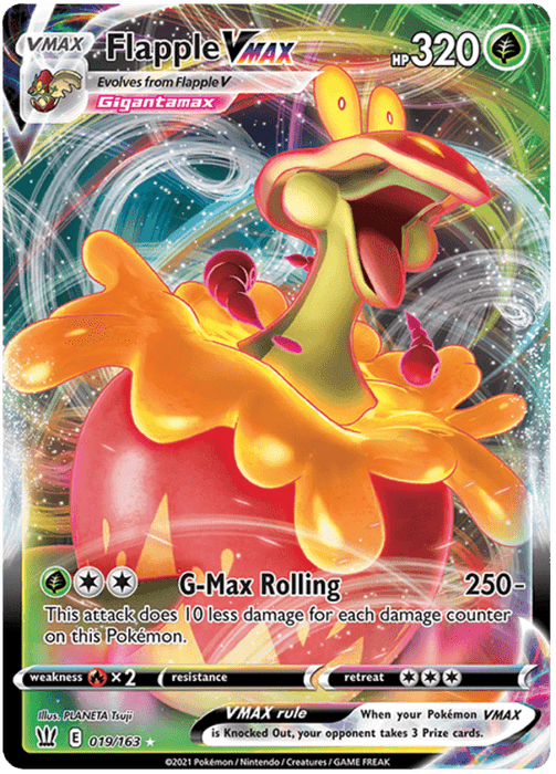 A Pokémon trading card featuring the ultra rare Flapple VMAX (019/163) [Sword & Shield: Battle Styles] with a Gigantamax form, boasting 320 HP from the Pokémon series. The card's design includes vibrant, swirling colors and tropical patterns. Flapple, an apple-like dragon Pokémon, uses the attack "G-Max Rolling" that deals 250 damage. Text details its move, weaknesses, resistances, and retreat cost.