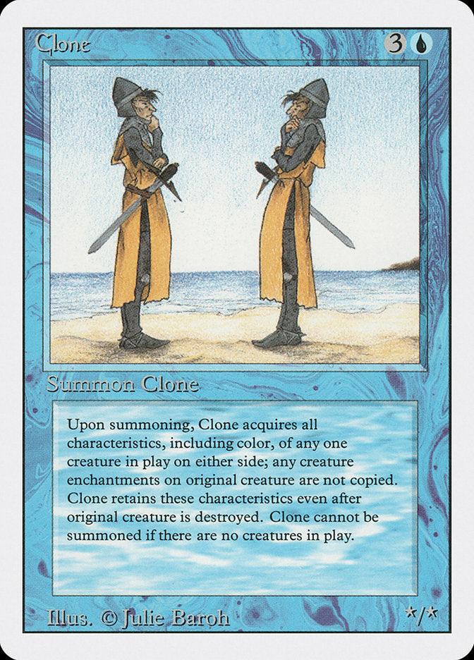 A "Clone [Revised Edition]" Magic: The Gathering card from the Revised Edition features a blue border with artwork of two identical medieval knights with gray helmets and yellow tabards standing on a beach. The card’s text box describes this Shapeshifter acquiring all characteristics of any one creature in play. Julie Baroh is the illustrator.