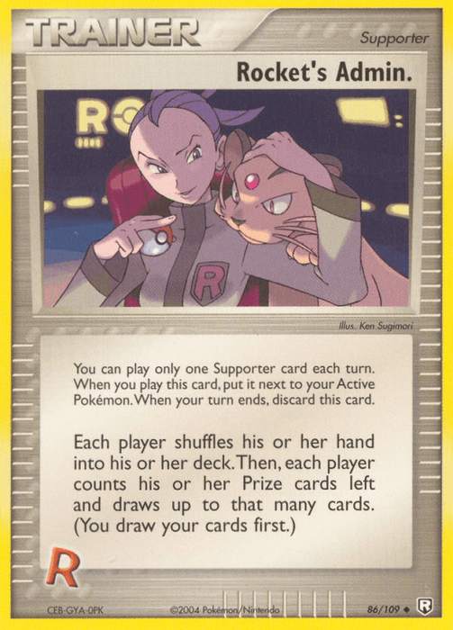 A Pokémon Trading Card titled "Rocket's Admin. (86/109) [EX: Team Rocket Returns]" from the Pokémon set. The card features an illustration of a serious-looking character in a uniform with the letter "R," holding a Poké Ball and accompanied by a cat-like Pokémon. This Supporter card, marked as 86/109, describes its in-game effect.