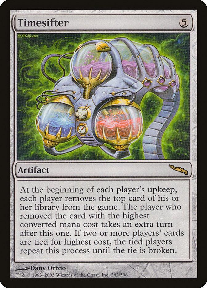 The Magic: The Gathering card "Timesifter" from the Mirrodin set showcases a steampunk-esque hourglass machine adorned with colorful gears and tubes. This rare artifact, illustrated by Dany Orizio, costs 5 colorless mana and introduces a unique mechanic involving the removal of top cards determined by converted mana cost. Adding this strategic gem to your collection will undoubtedly enhance your gameplay.