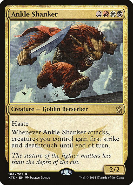 Ankle Shanker [Khans of Tarkir] is a thrilling Magic: The Gathering card. This Goblin Berserker costs two colorless, one red, one white, and one black mana. With 2/2 power and toughness, it boasts Haste and an ability that grants first strike and deathtouch to attacking creatures you control until the end of the turn.