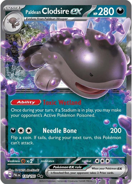 The image shows a Pokémon trading card for "Paldean Clodsire ex (130/193) [Scarlet & Violet: Paldea Evolved]" with 280 HP. Evolving from Paldean Wooper, this card features two moves: the "Toxic Wetland" ability and the "Needle Bone" attack that does 200 damage. Set in a swampy environment surrounded by purple toxic bubbles, it captures the eerie darkness of Paldea E.
